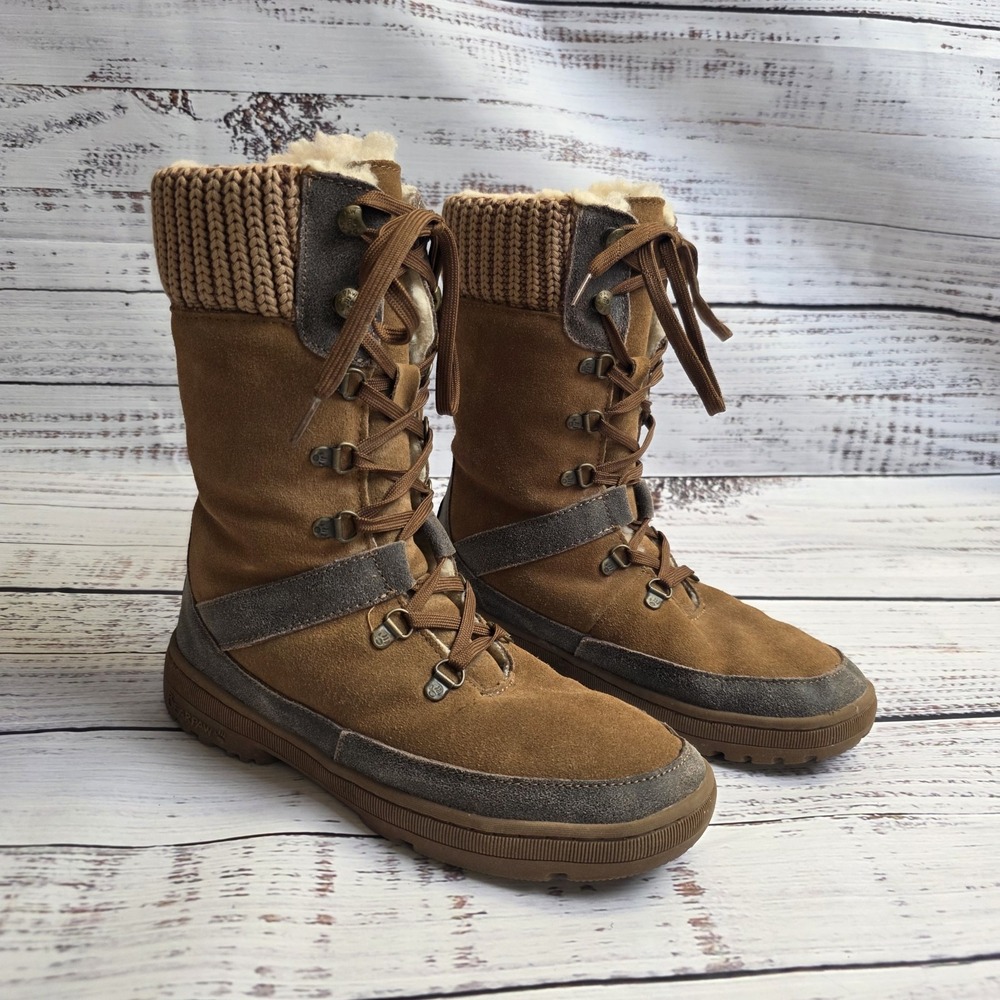 Bearpaw Boots Womens 10 Lace Up Winter Mid Calf Brown Suede Sweater Cuff‎ Sherpa